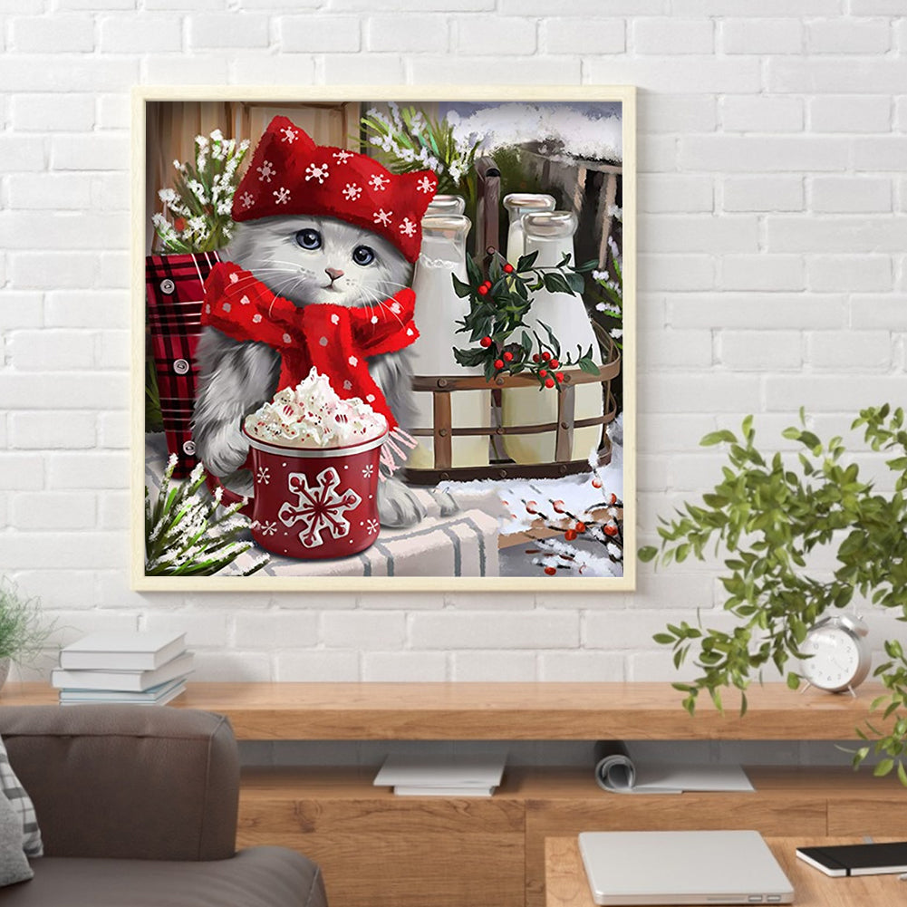 Christmas Cat - Full Round Drill Diamond Painting 30*30CM