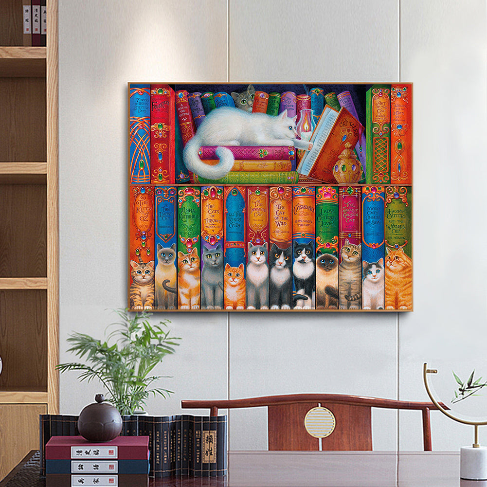 Bookshelf Cat - Full Round Drill Diamond Painting 50*40CM