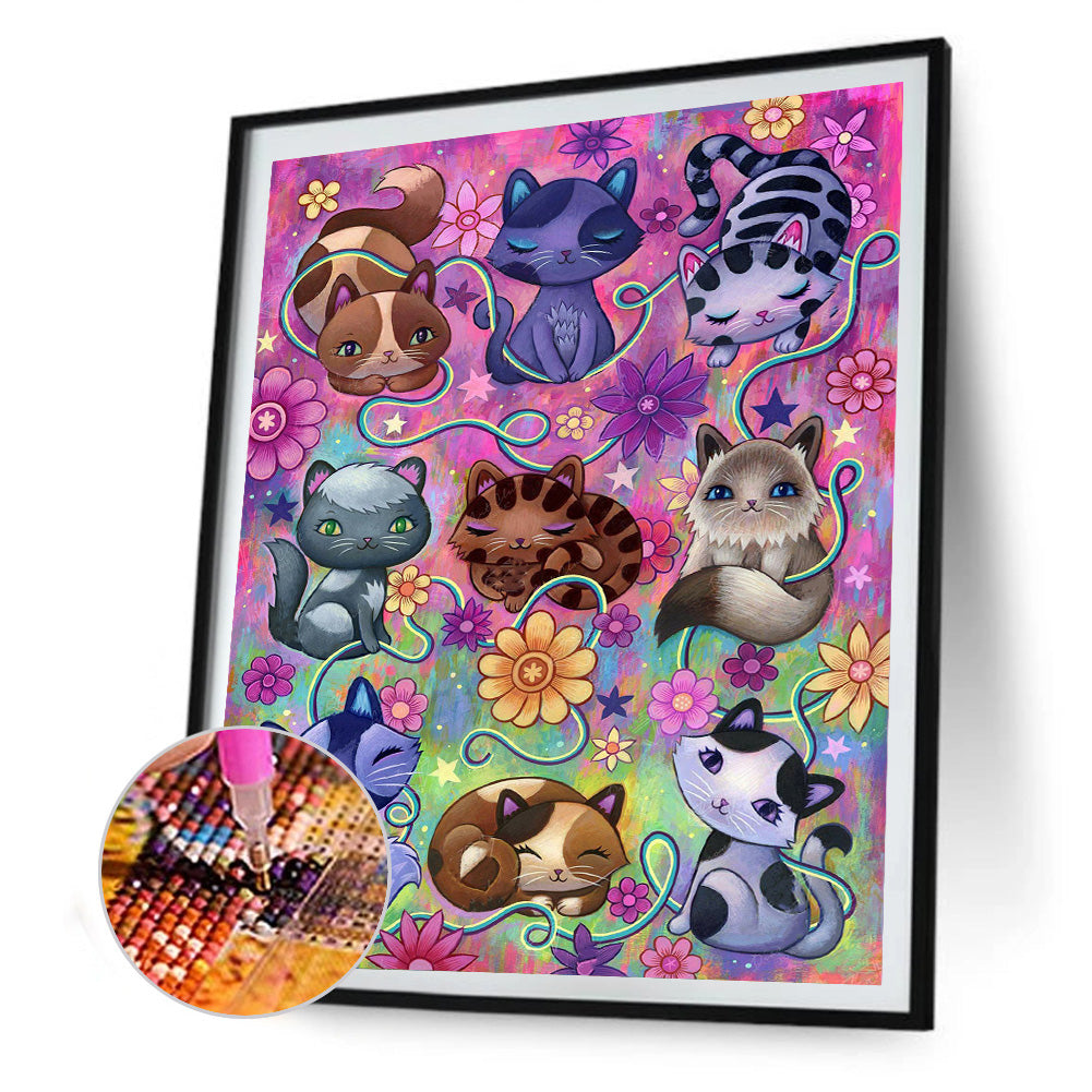 Flowers Cat - Full Round Drill Diamond Painting 30*40CM