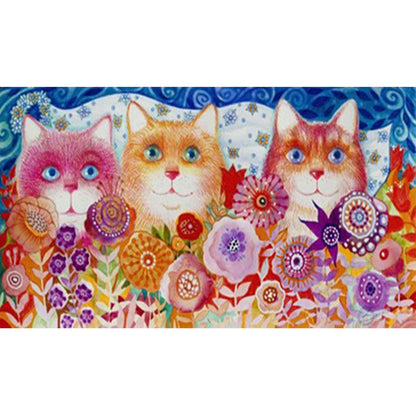 Cats Flowers - Full Round Drill Diamond Painting 50*30CM