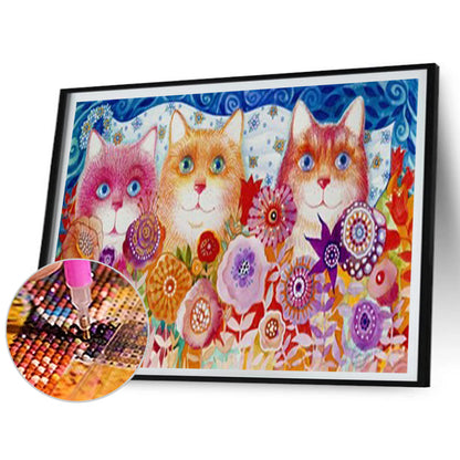 Cats Flowers - Full Round Drill Diamond Painting 50*30CM