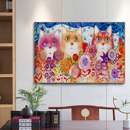 Cats Flowers - Full Round Drill Diamond Painting 50*30CM