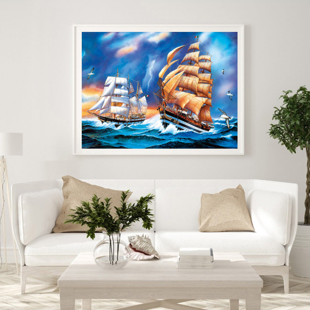 Sea Sailboat - Full Round Drill Diamond Painting 40*30CM