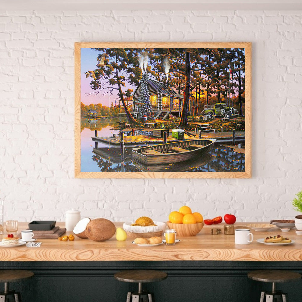 Lake Landscape - Full Round Drill Diamond Painting 40*30CM