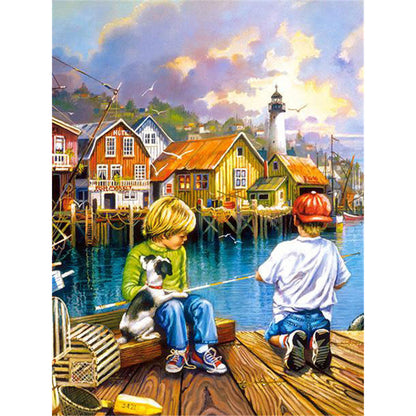 Fishing Children - Full Round Drill Diamond Painting 30*40CM