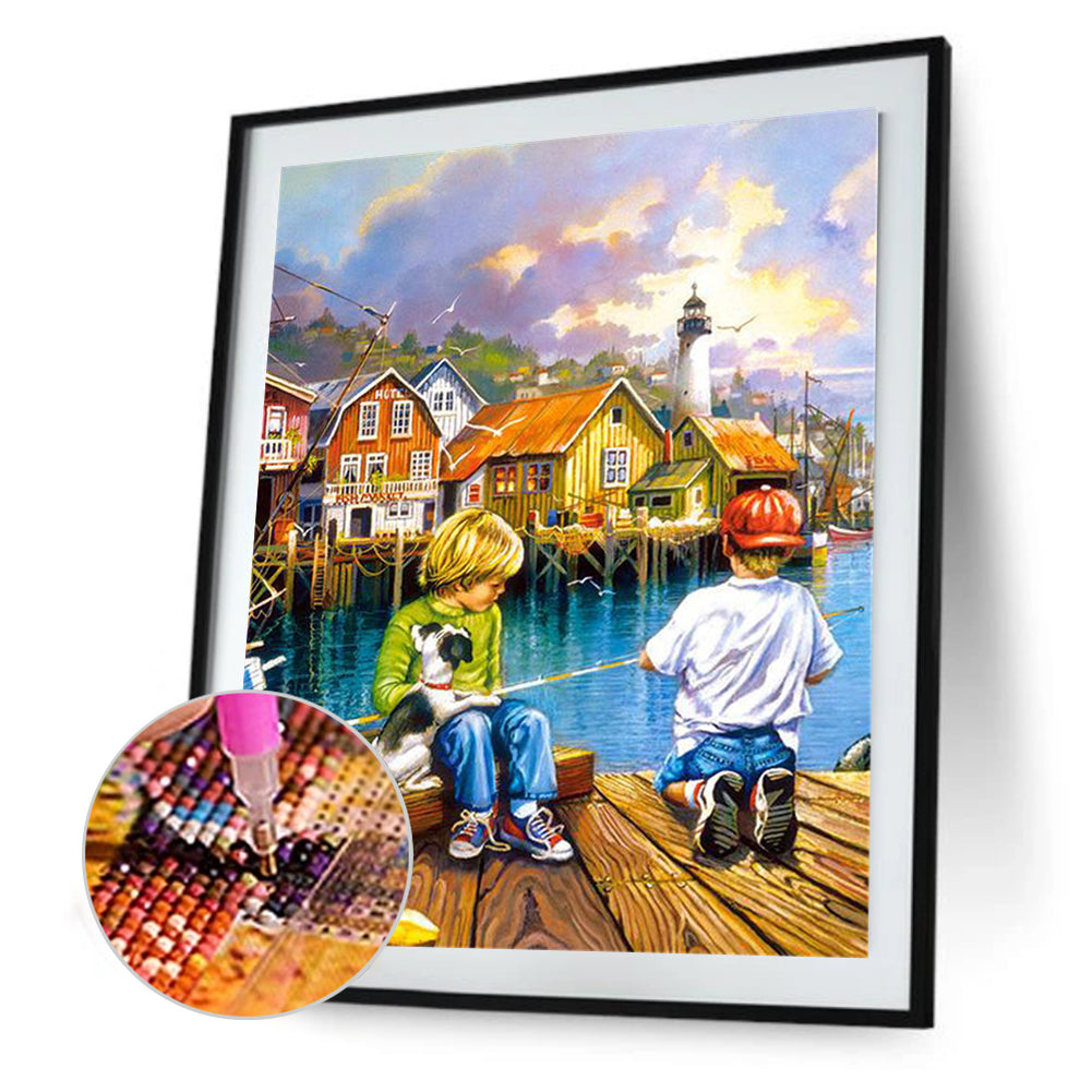 Fishing Children - Full Round Drill Diamond Painting 30*40CM