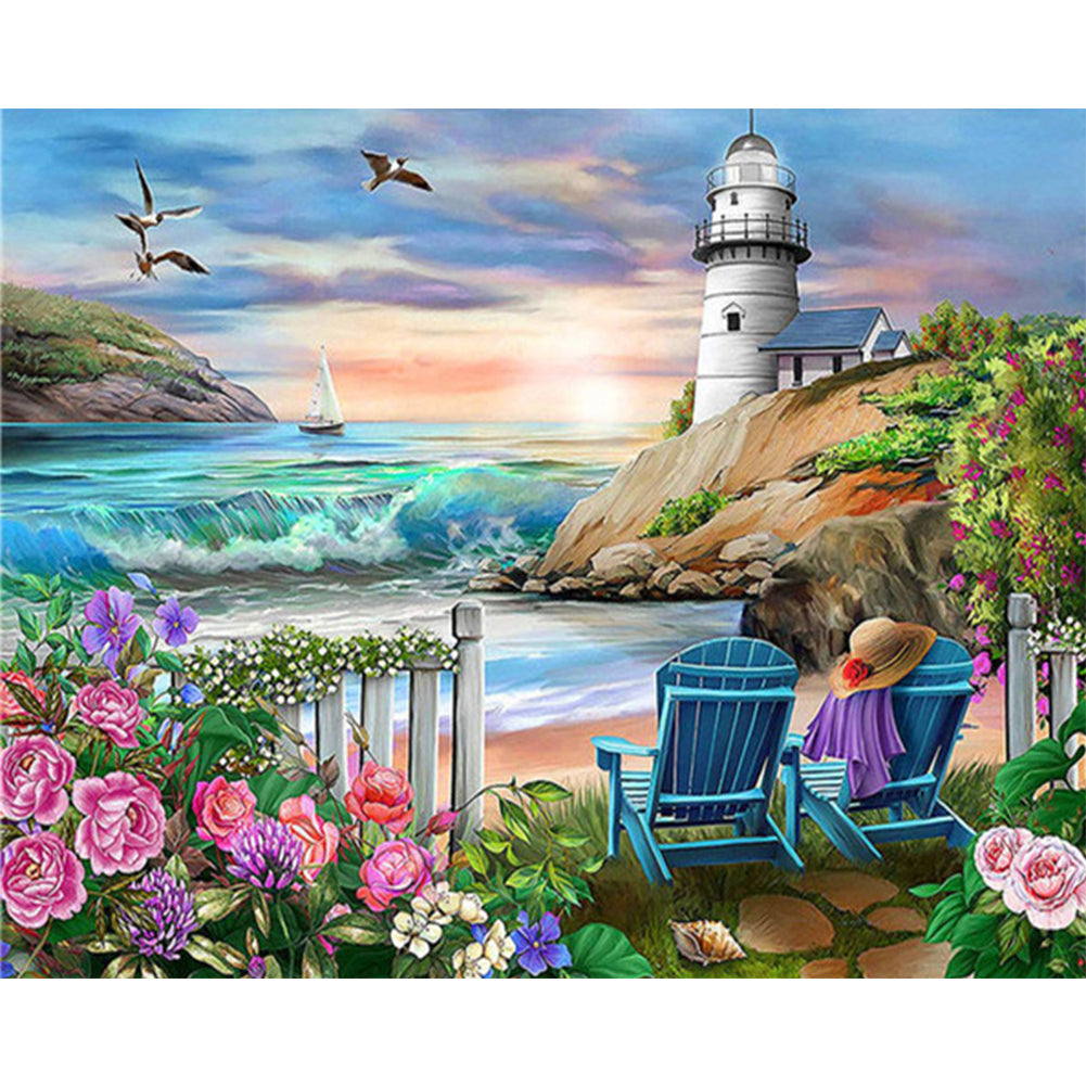 Flowers Lighthouse - Full Round Drill Diamond Painting 60*50CM