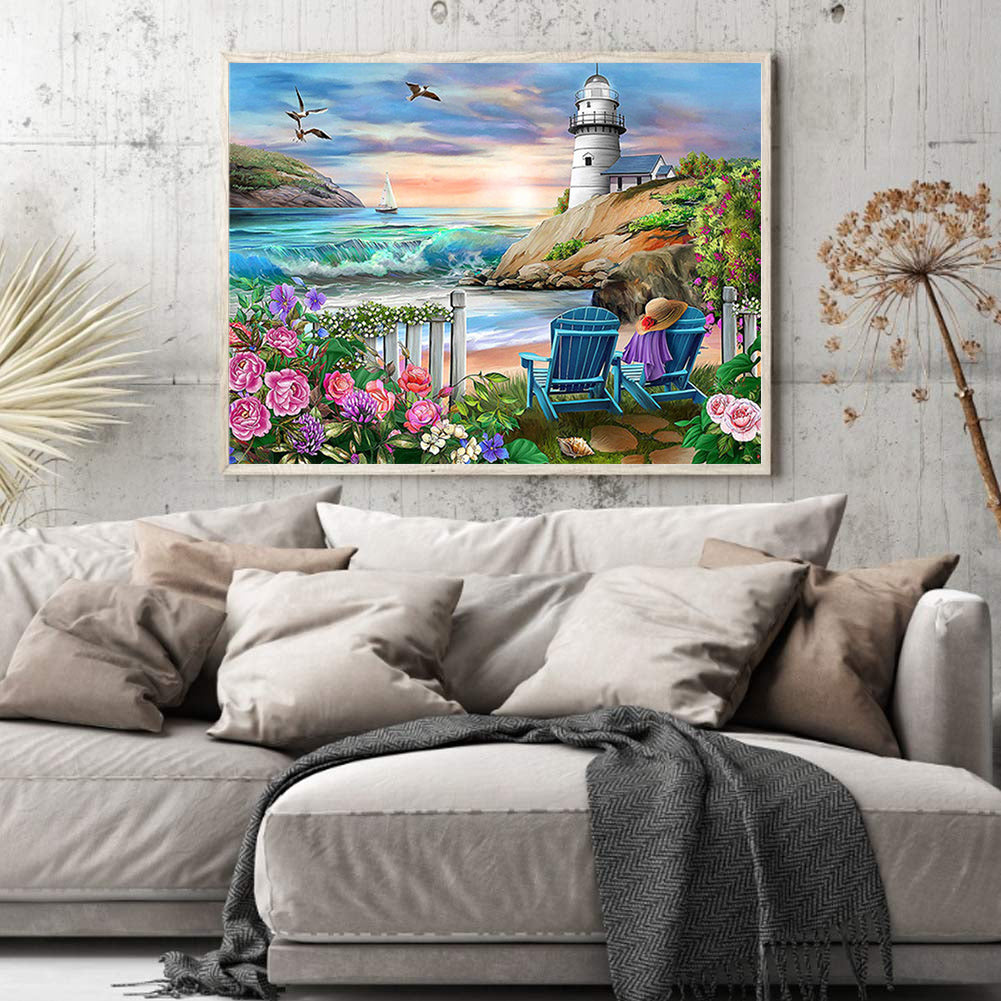 Flowers Lighthouse - Full Round Drill Diamond Painting 60*50CM