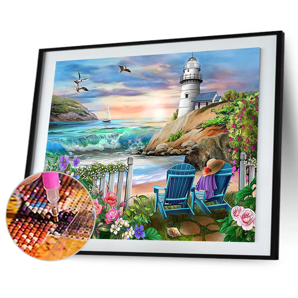 Flowers Lighthouse - Full Round Drill Diamond Painting 60*50CM