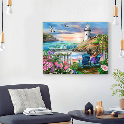 Flowers Lighthouse - Full Round Drill Diamond Painting 60*50CM