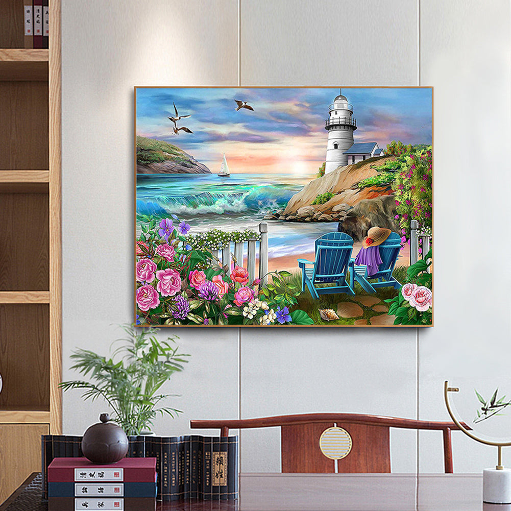 Flowers Lighthouse - Full Round Drill Diamond Painting 60*50CM