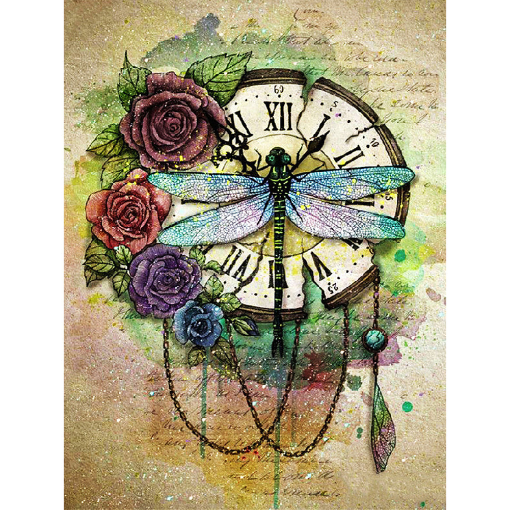 Dragonfly Clock - Full Round Drill Diamond Painting 30*40CM