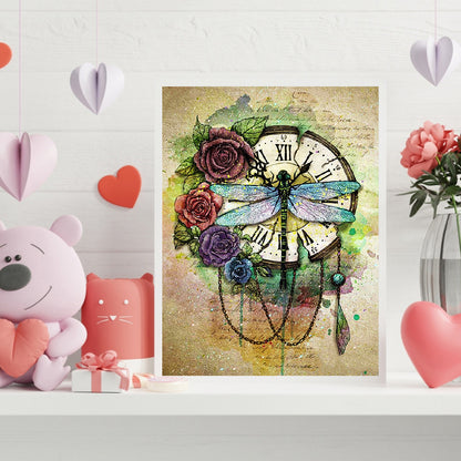 Dragonfly Clock - Full Round Drill Diamond Painting 30*40CM