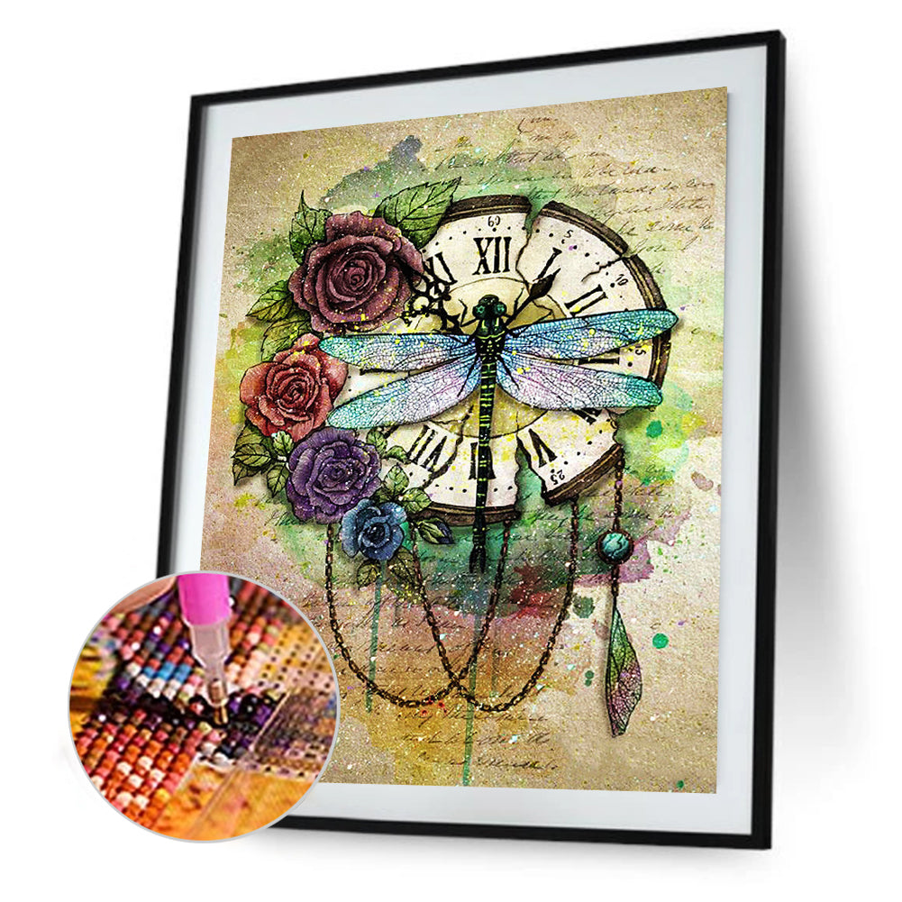 Dragonfly Clock - Full Round Drill Diamond Painting 30*40CM