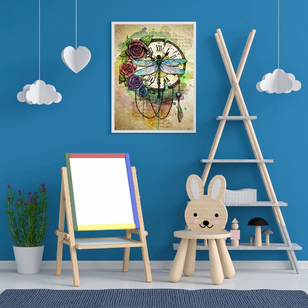 Dragonfly Clock - Full Round Drill Diamond Painting 30*40CM