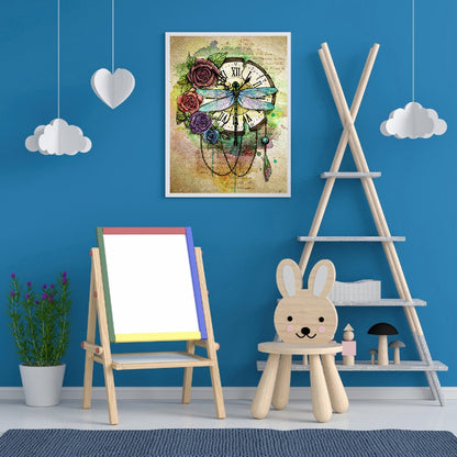 Dragonfly Clock - Full Round Drill Diamond Painting 30*40CM