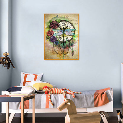 Dragonfly Clock - Full Round Drill Diamond Painting 30*40CM
