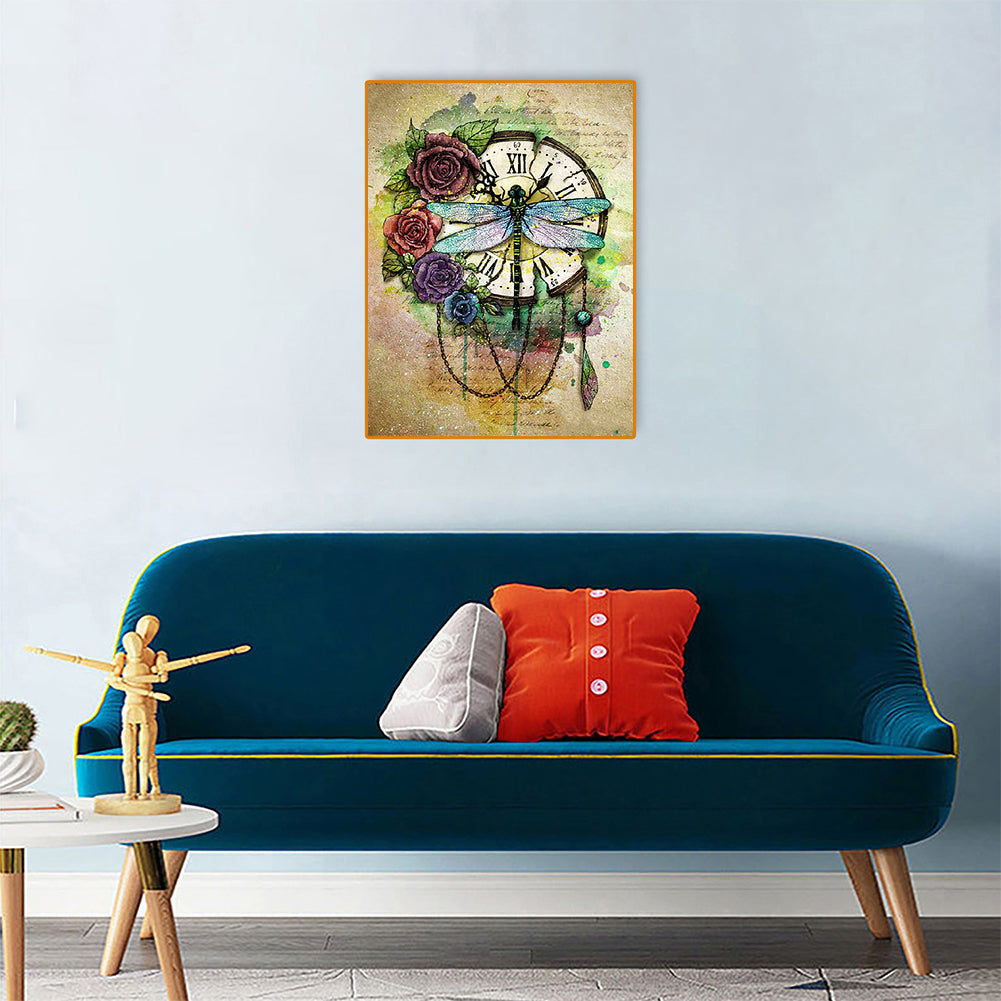 Dragonfly Clock - Full Round Drill Diamond Painting 30*40CM
