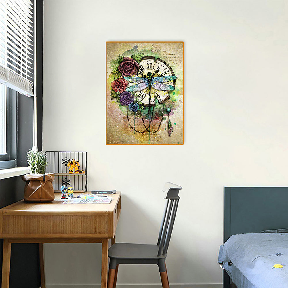 Dragonfly Clock - Full Round Drill Diamond Painting 30*40CM