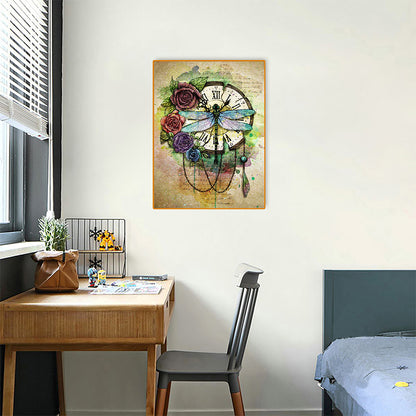 Dragonfly Clock - Full Round Drill Diamond Painting 30*40CM
