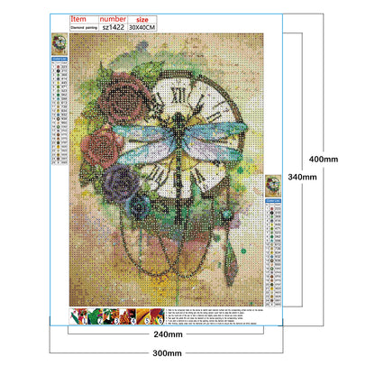 Dragonfly Clock - Full Round Drill Diamond Painting 30*40CM
