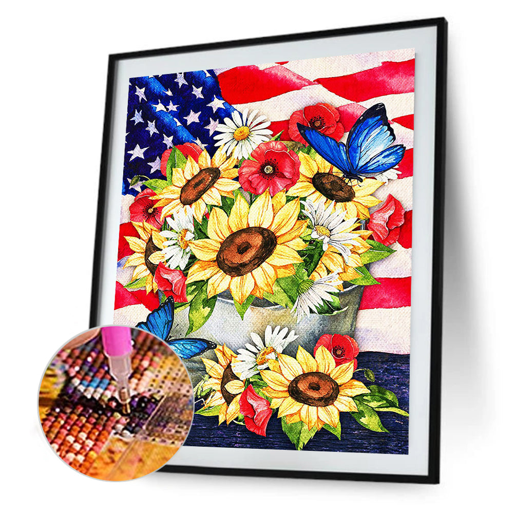 Flag And Flowers - Full Round Drill Diamond Painting 50*60CM