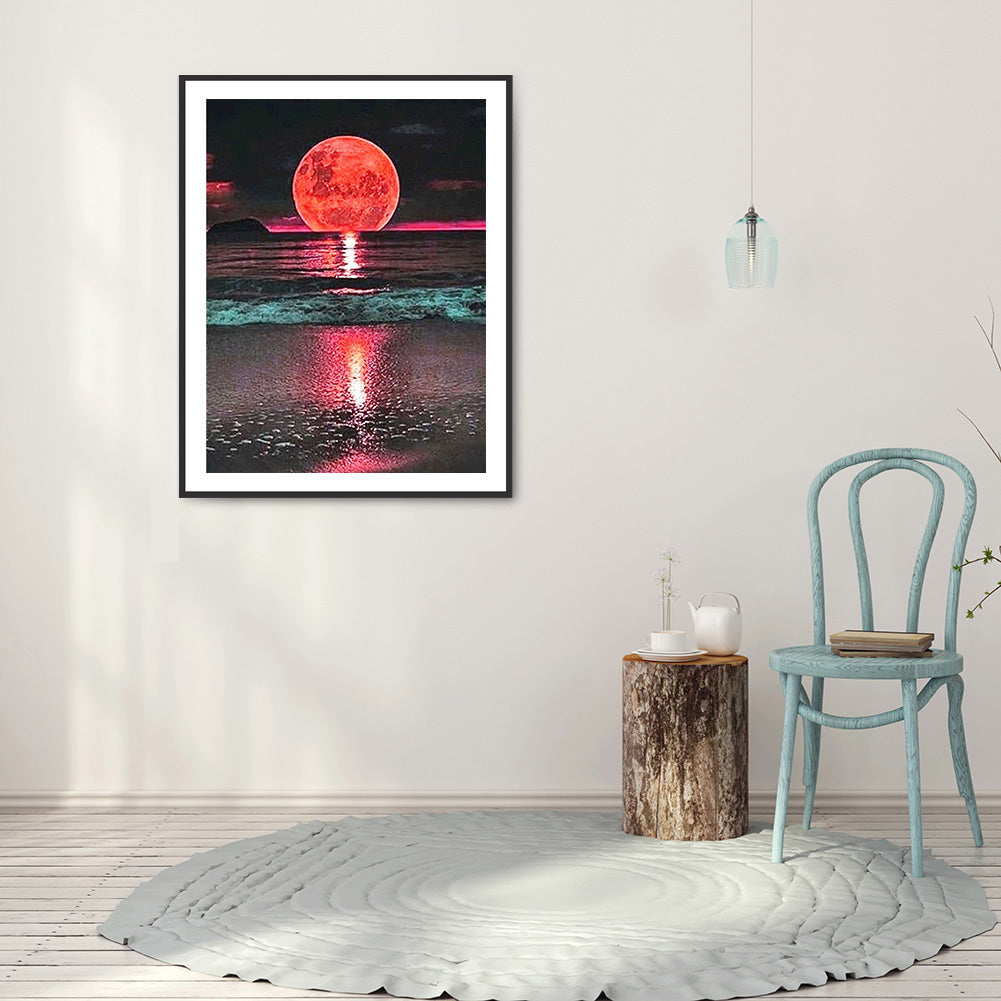 Sea ??Red Moon - Full Round Drill Diamond Painting 30*40CM