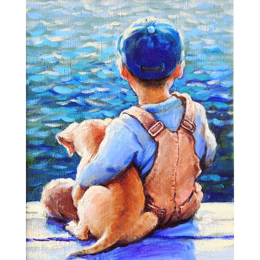 Little Boy And Dog By The Sea - 11CT Stamped Cross Stitch 40*50CM