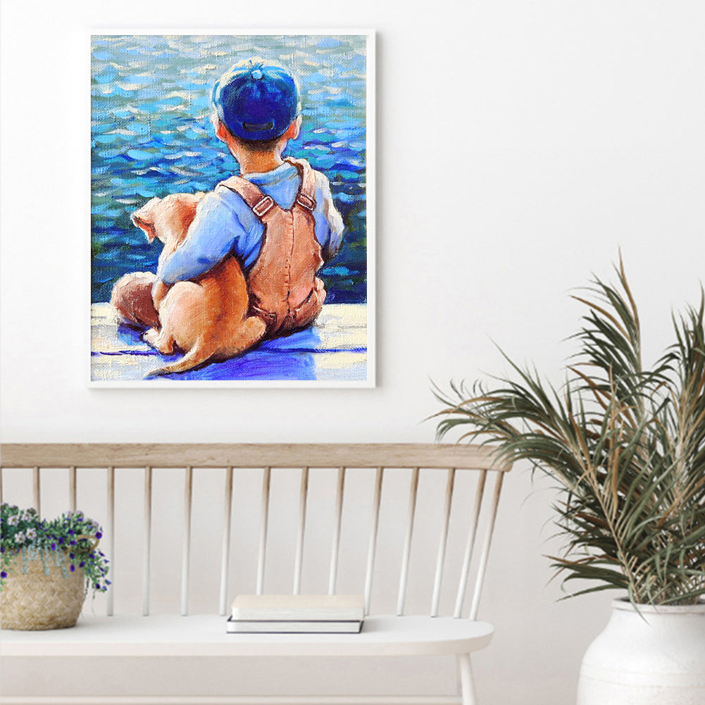 Little Boy And Dog By The Sea - 11CT Stamped Cross Stitch 40*50CM