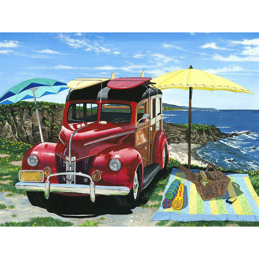 Seaside Year Red Car - Full Round Drill Diamond Painting 50*40CM