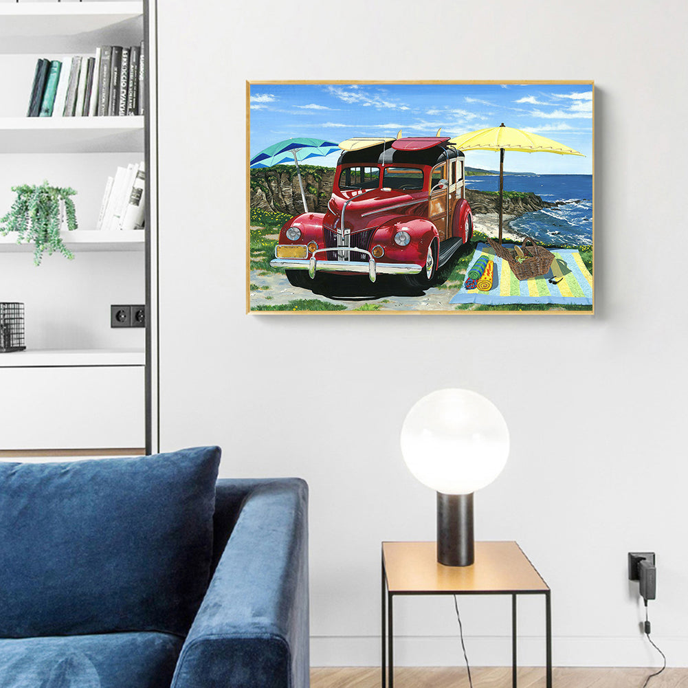 Seaside Year Red Car - Full Round Drill Diamond Painting 50*40CM