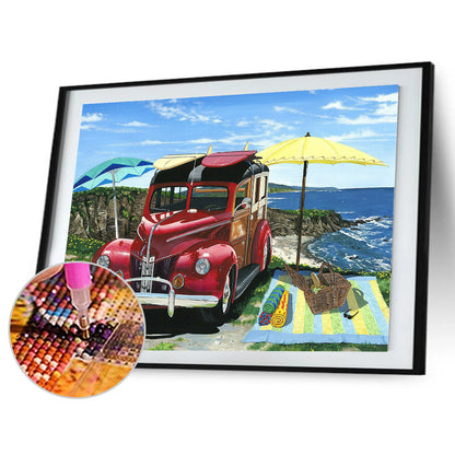 Seaside Year Red Car - Full Round Drill Diamond Painting 50*40CM