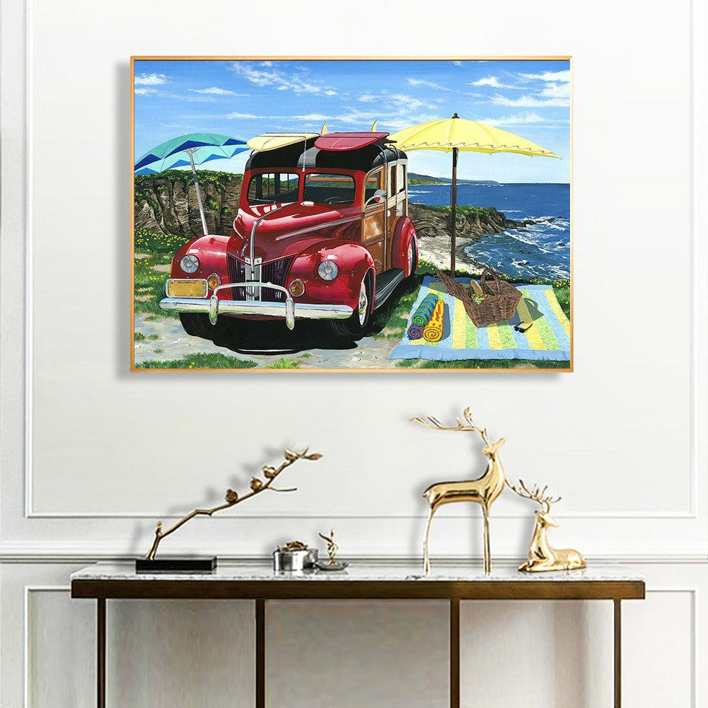 Seaside Year Red Car - Full Round Drill Diamond Painting 50*40CM