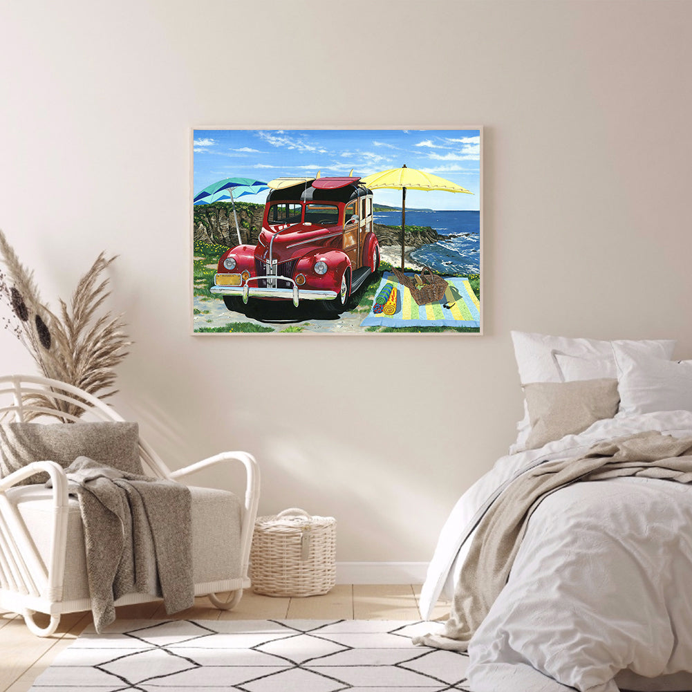 Seaside Year Red Car - Full Round Drill Diamond Painting 50*40CM