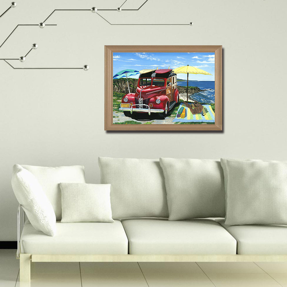 Seaside Year Red Car - Full Round Drill Diamond Painting 50*40CM