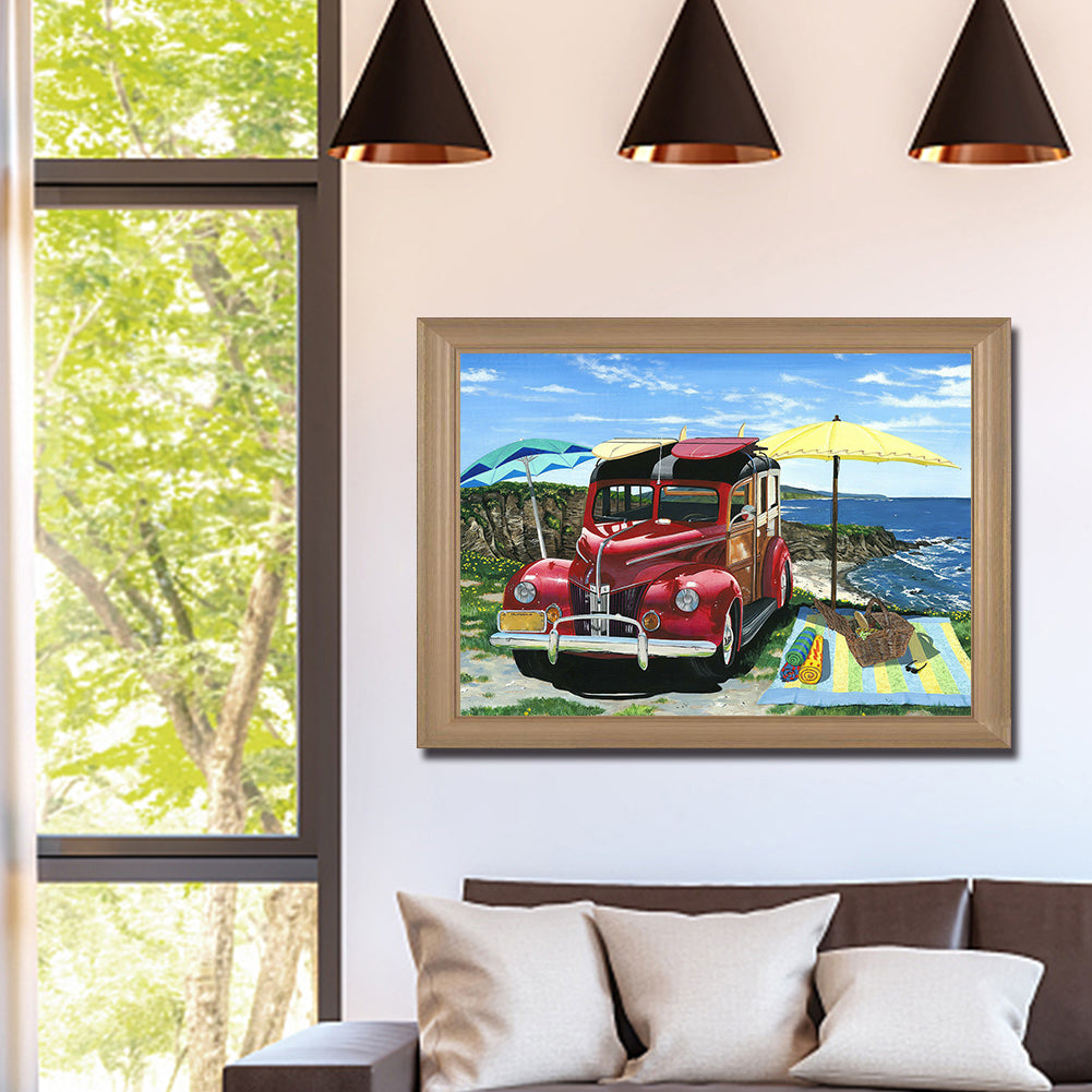 Seaside Year Red Car - Full Round Drill Diamond Painting 50*40CM