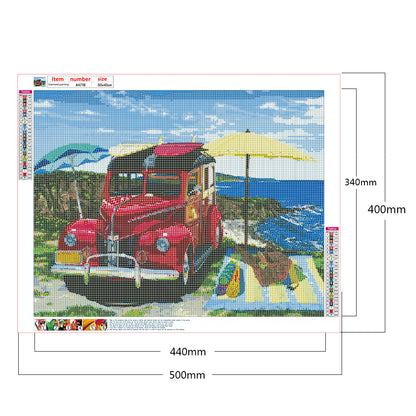 Seaside Year Red Car - Full Round Drill Diamond Painting 50*40CM