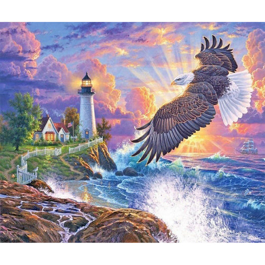 Eagle Seaside Lighthouse Scenery - Full Round Drill Diamond Painting 60*50CM