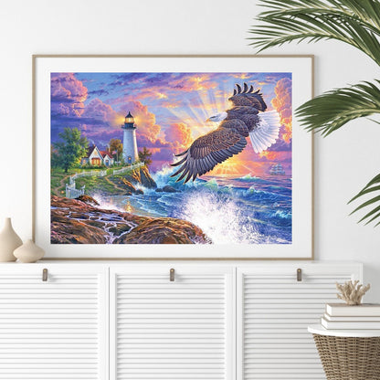 Eagle Seaside Lighthouse Scenery - Full Round Drill Diamond Painting 60*50CM