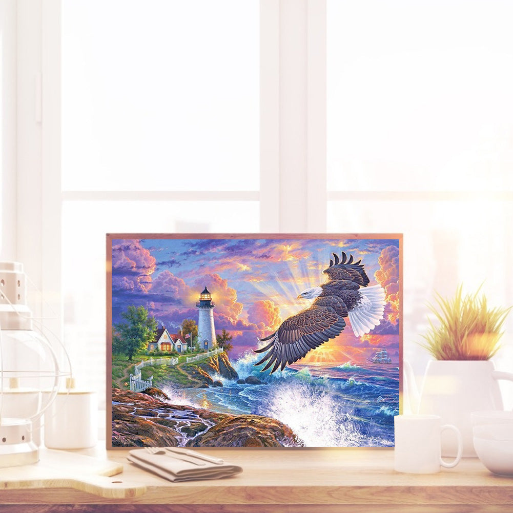 Eagle Seaside Lighthouse Scenery - Full Round Drill Diamond Painting 60*50CM