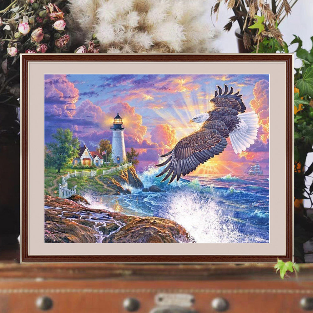 Eagle Seaside Lighthouse Scenery - Full Round Drill Diamond Painting 60*50CM