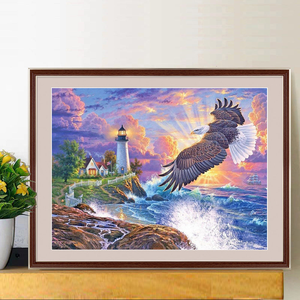 Eagle Seaside Lighthouse Scenery - Full Round Drill Diamond Painting 60*50CM