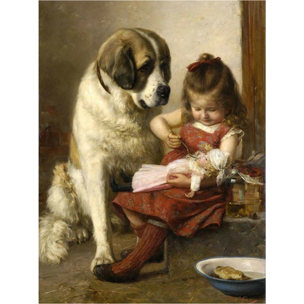 Little Girl And Puppy - Full Round Drill Diamond Painting 30*40CM