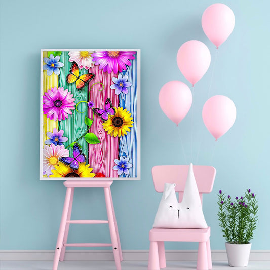 Flower Butterfly On Wood Grain Board - 11CT Stamped Cross Stitch 40*50CM