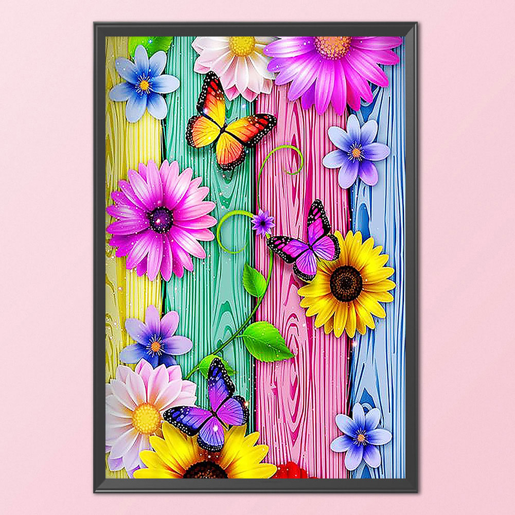 Flower Butterfly On Wood Grain Board - 11CT Stamped Cross Stitch 40*50CM