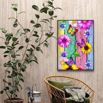 Flower Butterfly On Wood Grain Board - 11CT Stamped Cross Stitch 40*50CM