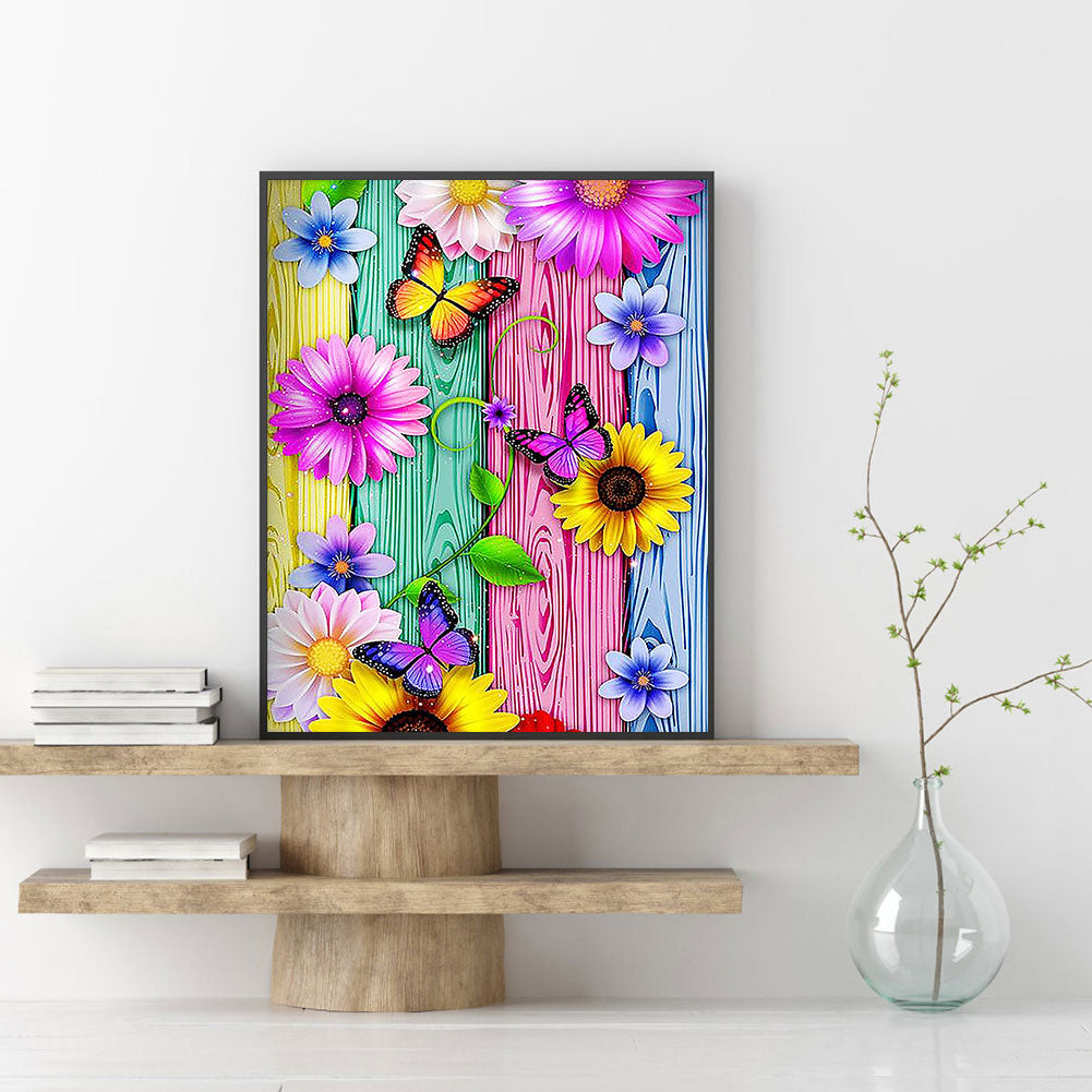 Flower Butterfly On Wood Grain Board - 11CT Stamped Cross Stitch 40*50CM