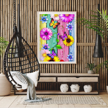 Flower Butterfly On Wood Grain Board - 11CT Stamped Cross Stitch 40*50CM