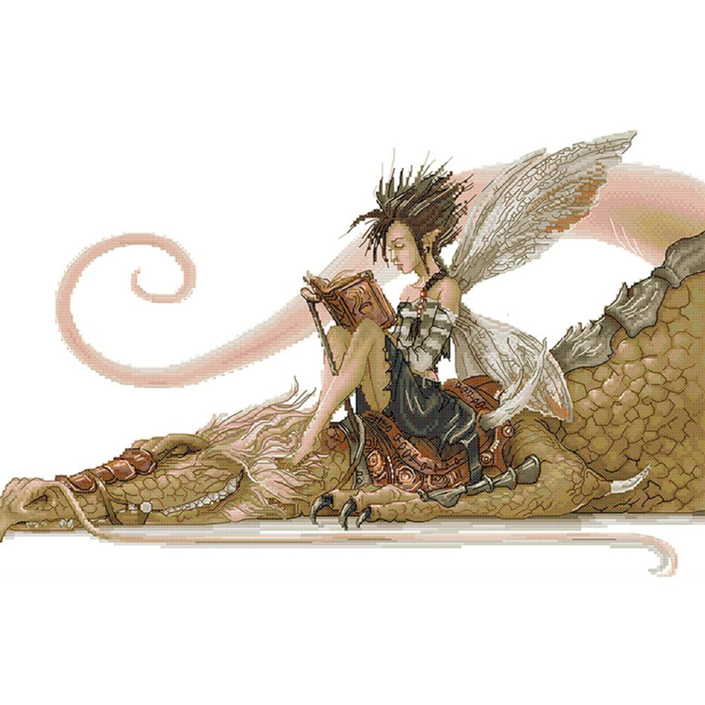 Girl Riding A Dragon Reading A Book - 14CT Counted Cross Stitch 53*36CM