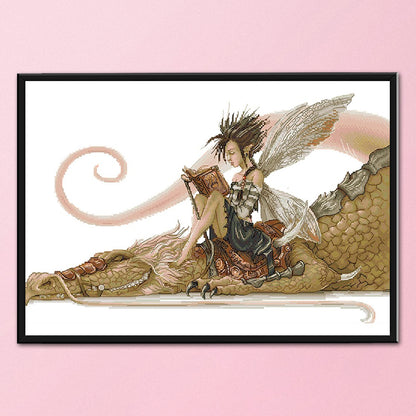 Girl Riding A Dragon Reading A Book - 14CT Counted Cross Stitch 53*36CM